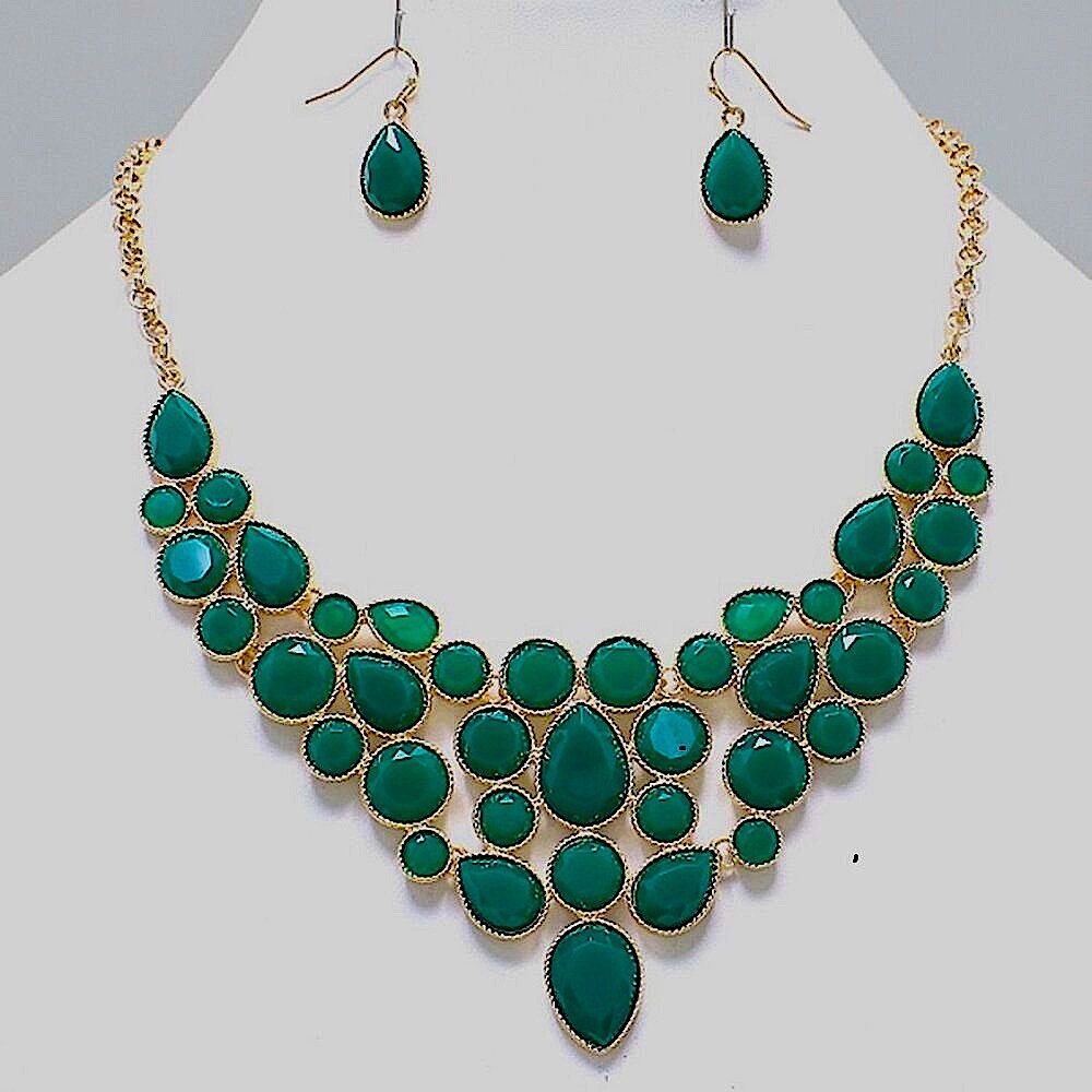 Chunky Green Gold Framed Bib Statement Necklace Earrings Set